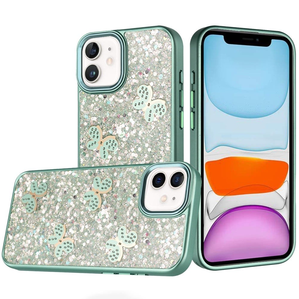 For Apple iPhone 11 Cute Butterfly Crystal Diamond Glitter Case Sparkle Bling Frame Metallic Edges, Shimmer TPU Hybrid Case Cover