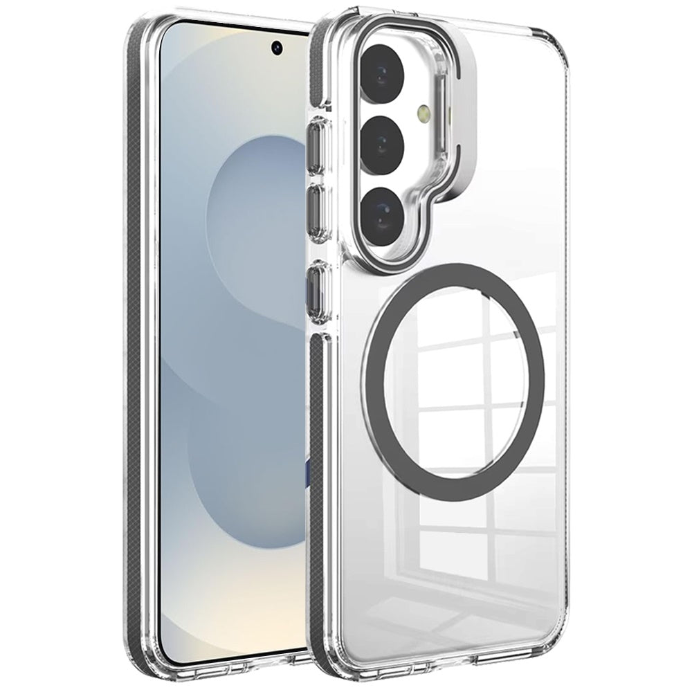 For Samsung Galaxy S26 Built-in Camera Kick-Stand, Compatible with MagSafe, Transparent Colorful Edged Tough Hybrid TPU Case Cover Clear Black