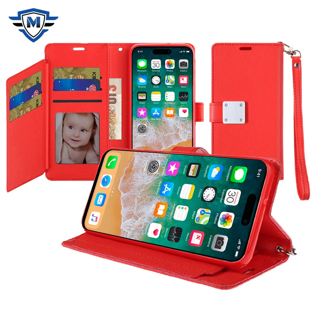 For Apple iPhone 16 Plus (6.7") Premium Leather Wallet with Credit Card ID Slots Cash Holder Duo Flip Pouch Stand and Strap Case Cover