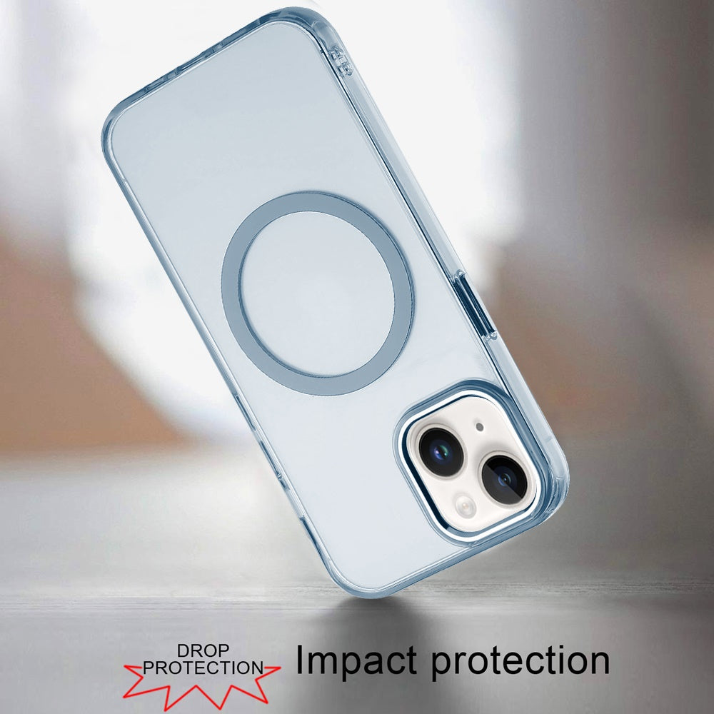 Phone Case for Apple iPhone 14/13 Magnetic Clear Acrylic Metal Button Camera Guard Shockproof Transparent Slim Grip Premium Hybrid Cover Light Blue