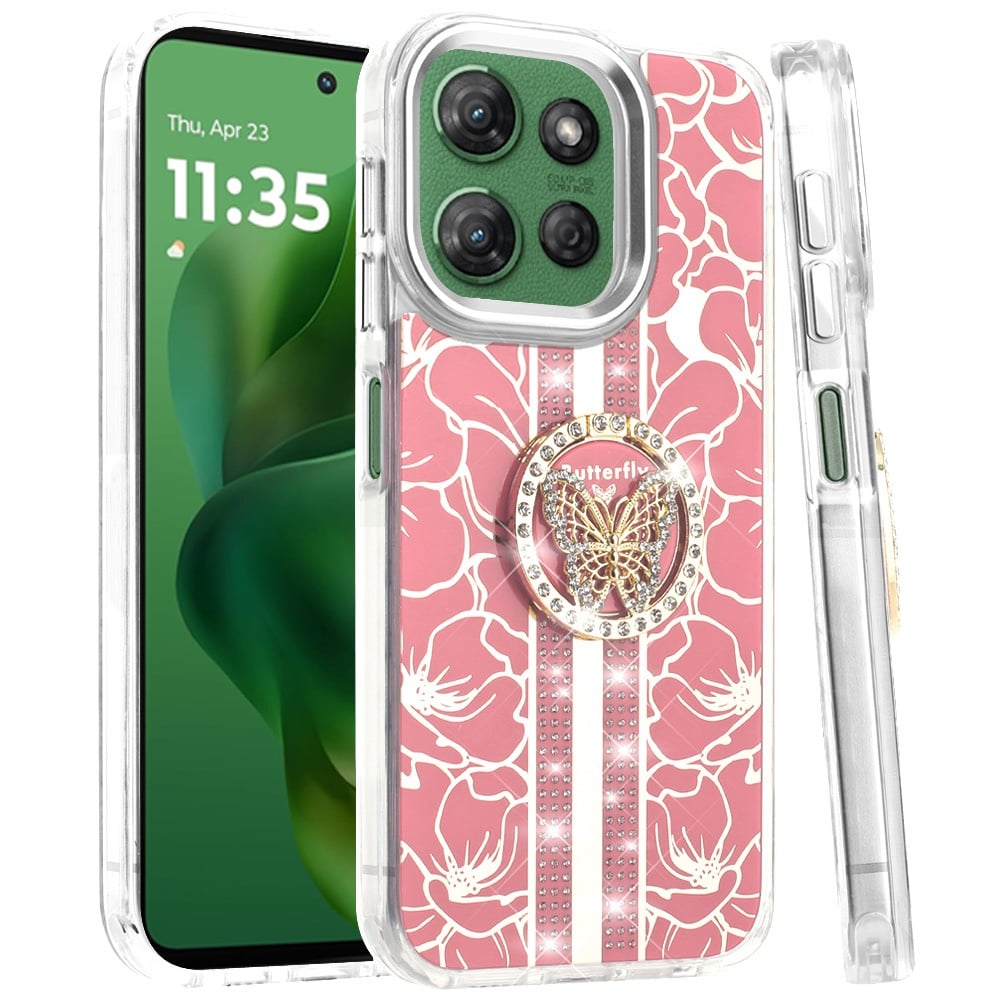 For Motorola Moto G Power 5G 2026 /2025 Diamonds 3D Butterfly Floral Design Bling Sparkly Glitter Hybrid Metal Fashion with Ring Stand Case Cover