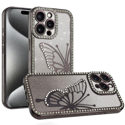 For Apple iPhone 17E /16E Butterfly Glitter Diamond Shimmer Hybrid Slim & Stylish Electroplated Sparkly Bling Shockproof TPU Protective Case Cover Black