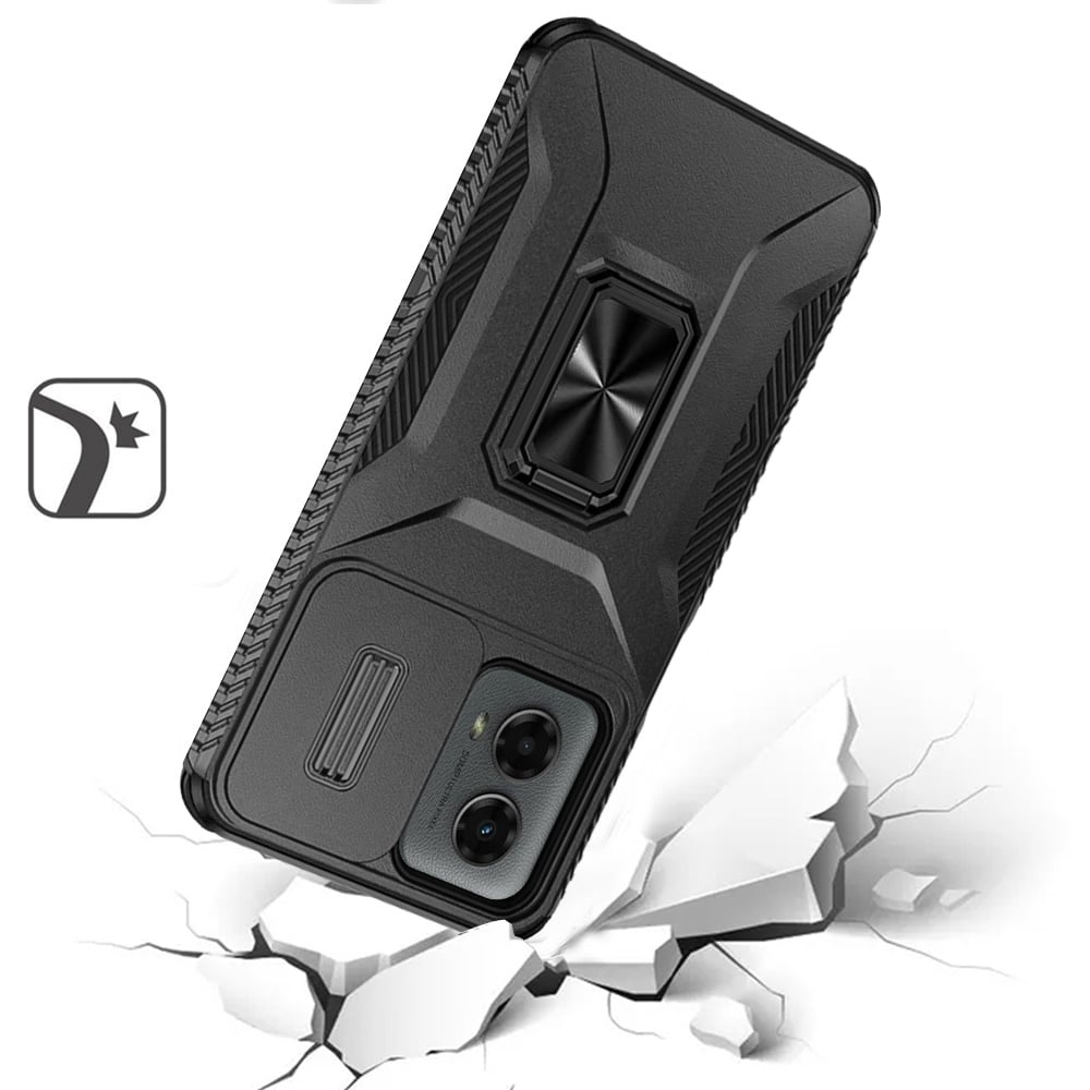 For Motorola Edge 2024 Case, Camera Cover with Magnetic Rotation Ring Stand, Military Grade Hybrid Hard TPU Shockproof Case Cover Black