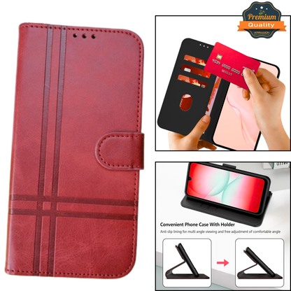 For Samsung Galaxy A17 5G Vegan Lines Leather Wallet Case with Credit Card Slot Pouch Flip, Magnetic Closure folio design Case Cover