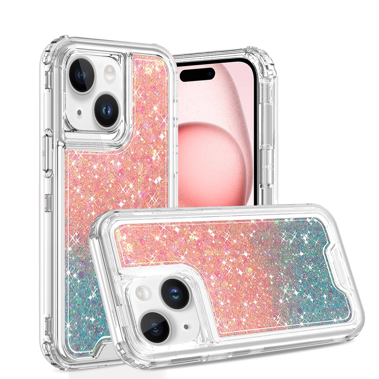 For Apple iPhone 17E /16E Epoxy Bling Glitter Sparkly 3-in-1 Transparent Hybrid Full-Body Shockproof PC Bumper Case Cover Pink + Blue