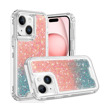 For Apple iPhone 17E /16E Epoxy Bling Glitter Sparkly 3-in-1 Transparent Hybrid Full-Body Shockproof PC Bumper Case Cover Pink + Blue
