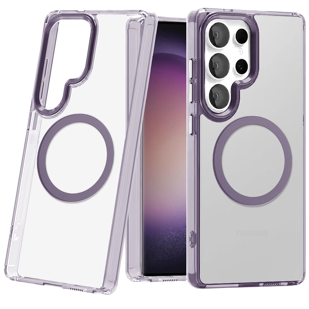 For Samsung Galaxy S23 Ultra Transparent Back Hybrid Case - Magnetic Circle, Color Frame, Metal Buttons, MagSafe Compatible Case Cover