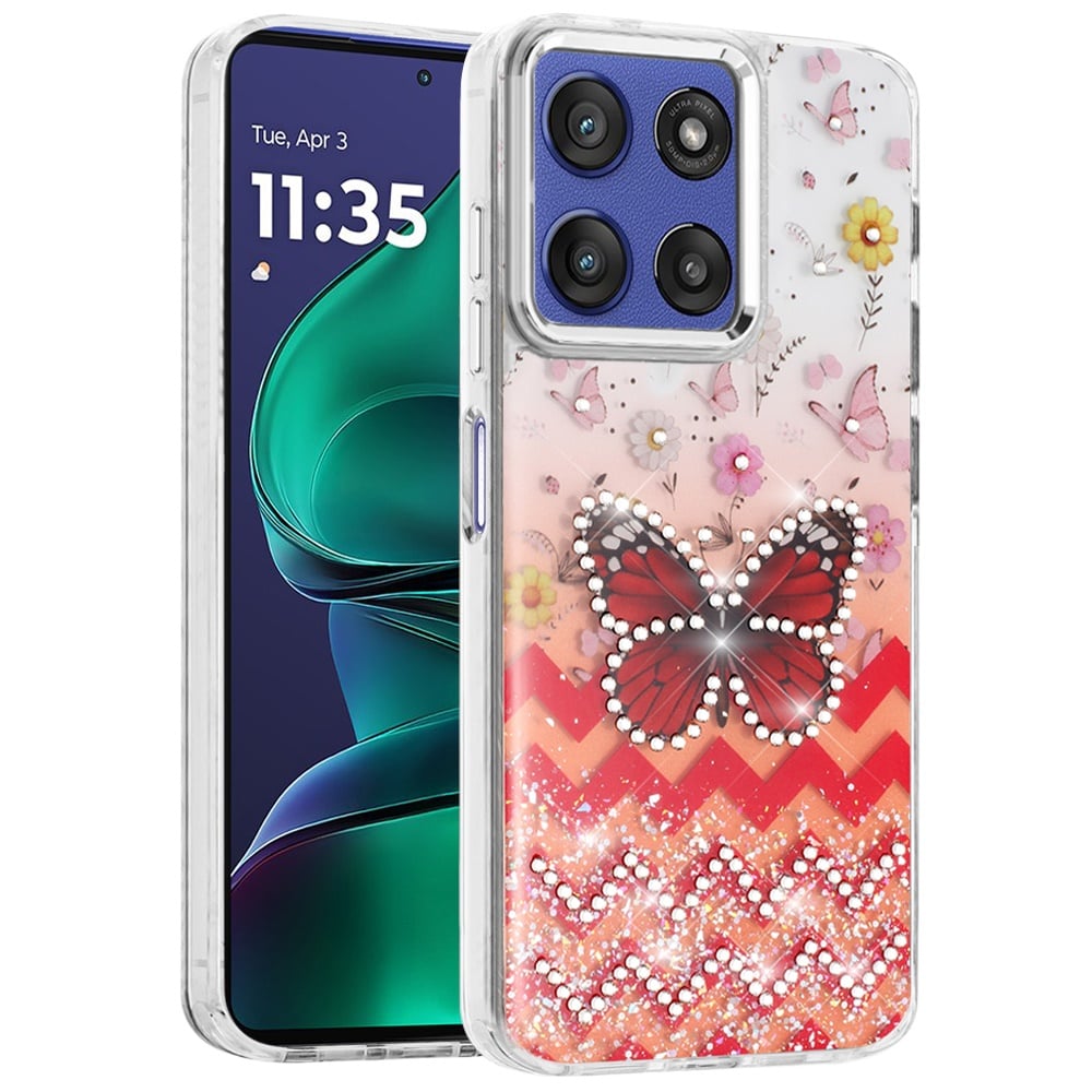 For Motorola Moto G Stylus 5G 2026 /2025 Butterfly Resin Epoxy Diamond Design Metal Edged Hybrid Shockproof Heavy Duty Drop Protection Case Cover