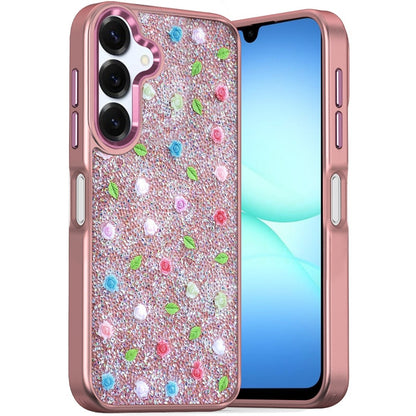 For Samsung Galaxy A17 5G Floral Design Embedded Glass Diamond Fancy Fashion Glitter Bling Sparkly Hybrid Rugged TPU Bumper Case Cover