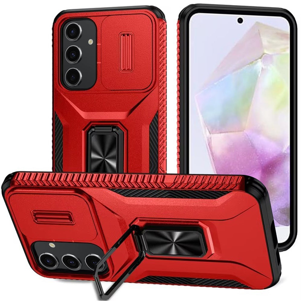 For Apple iPhone 15 Case, Camera Cover with Magnetic Rotation Ring Stand, Military Grade Hybrid Hard TPU Shockproof Case Cover Red
