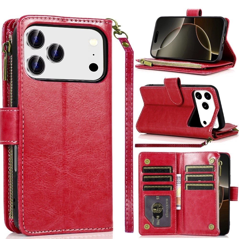 For Apple iPhone 17 Pro Max (6.9") Leather Wallet Case with Zipper, 9 Card Slots, Cash Pocket, Stand & Strap, Clutch Pouch Design Case Cover