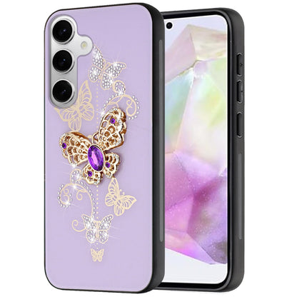 For Samsung Galaxy A36 Diamonds 3D Butterfly Bling Sparkly Glitter Ornaments Engraving Hybrid Metal Fashion Case Cover Purple Garden Butterflies