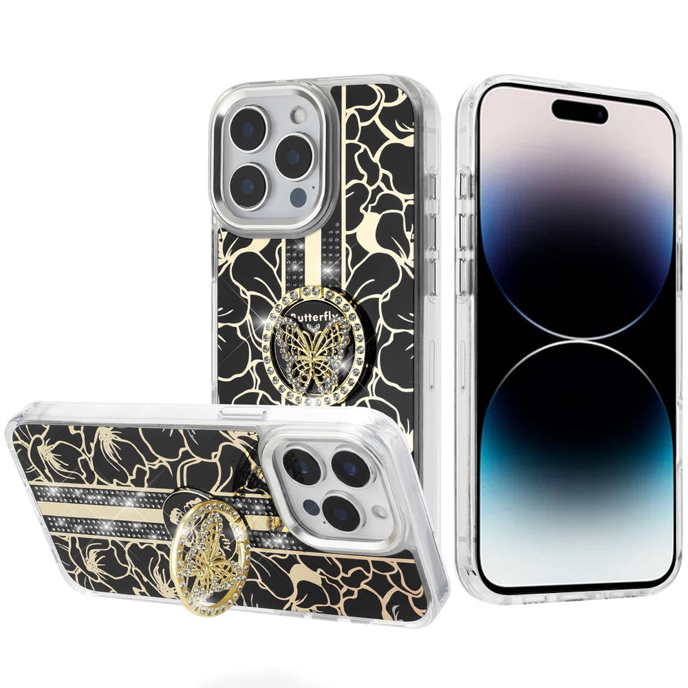 For Samsung Galaxy S26 Diamonds 3D Butterfly Floral Design Bling Sparkly Glitter Hybrid Metal Fashion with Ring Stand Case Cover