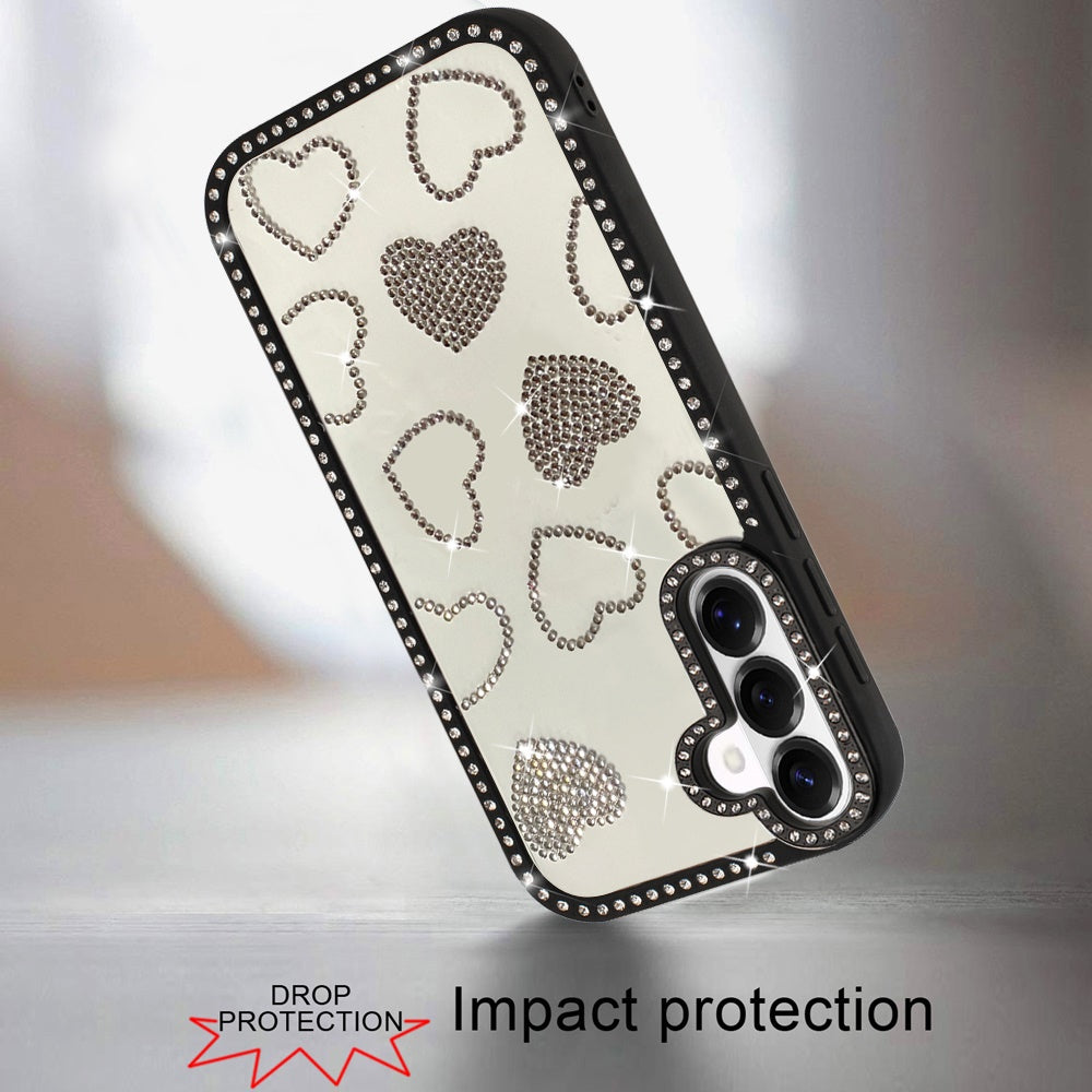 For Apple iPhone 17E /16E Spread Love Glitter Shimmer Bling Diamond Edge Hybrid Drop Protection Shockproof Design Case Cover Black