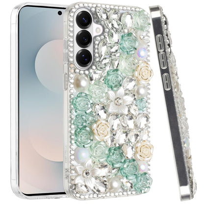 For Samsung Galaxy S26+ / S26 Plus Fashion Rose Flower Floral, 3D Bling Crystal Full Diamonds Pearl Sparkle Rhinestone Glitter Hybrid Case Cover