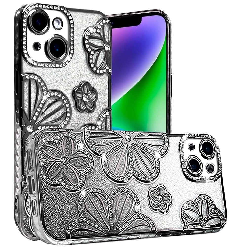For iPhone 14/13 (6.1") Luxury Flower Design Sparkle Glitter Diamond Rhinestone Shimmer Bling Plating Thick TPU Hard PC Case Cover