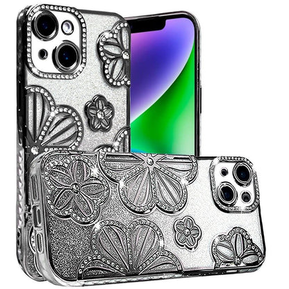 For iPhone 14/13 (6.1") Luxury Flower Design Sparkle Glitter Diamond Rhinestone Shimmer Bling Plating Thick TPU Hard PC Case Cover