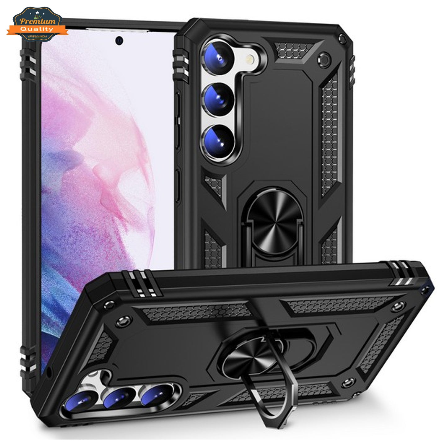 For Samsung Galaxy S26 Shockproof Hybrid Dual Layer PC + TPU with Metal Ring Kickstand Heavy Duty Armor Shell Case Cover Black