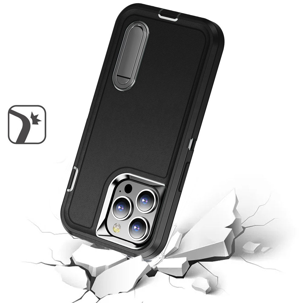 For Apple iPhone 15 Hybrid 3 Layers Hard 3in1 Shockproof with Kickstand Heavy Duty Hard TPU Rubber Anti-Drop Case Cover Black