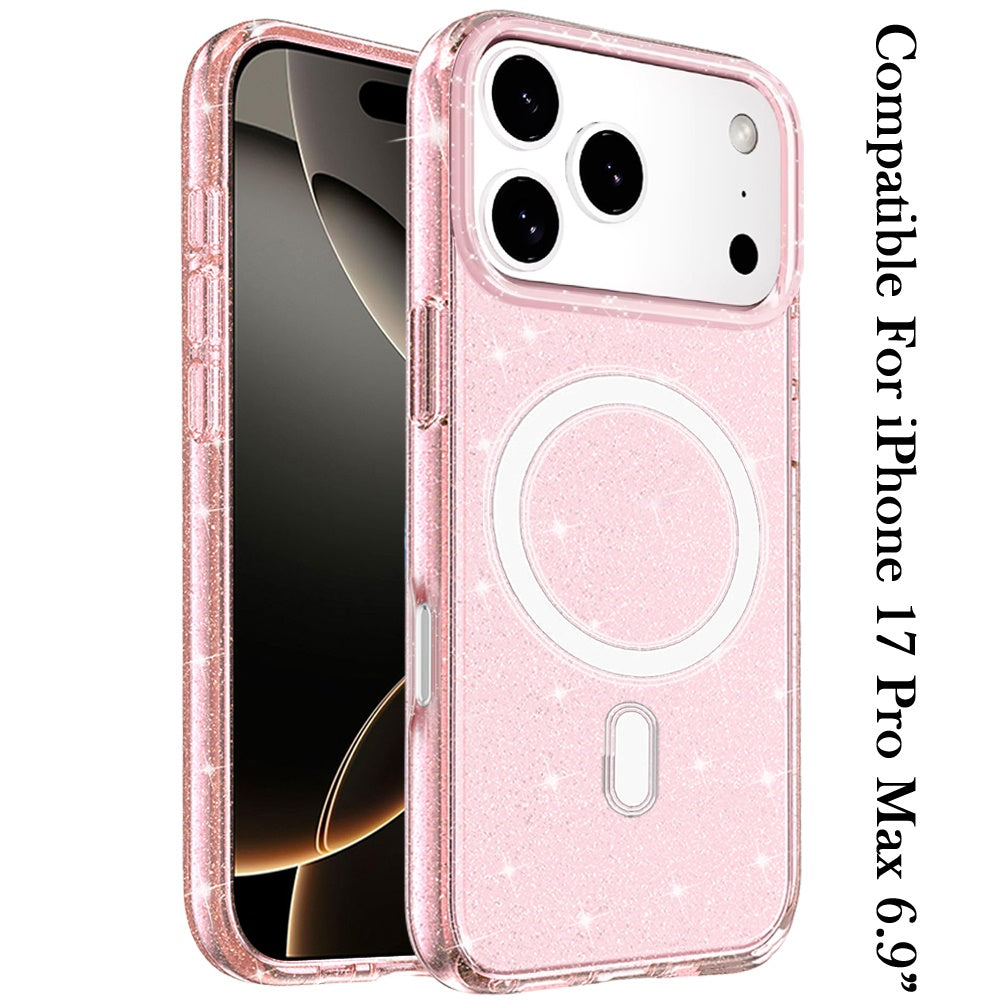 For Apple iPhone 17 Pro Max MagSafe Compatible Glitter Sparkle Bling Hybrid Case with Magnetic Circle, Slim TPU & Hard PC Frame Case Cover Pink