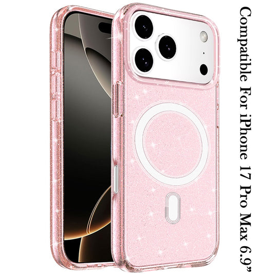 For Apple iPhone 17 Pro Max MagSafe Compatible Glitter Sparkle Bling Hybrid Case with Magnetic Circle, Slim TPU & Hard PC Frame Case Cover Pink