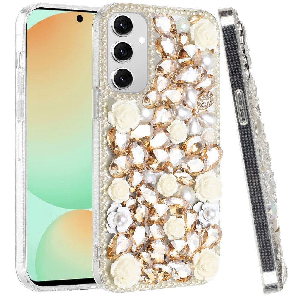 For Samsung Galaxy S24 Fan Edition /Galaxy S24 FE Fashion Rose Flower Floral Bling Crystal 3D Full Diamonds Pearl Sparkle Rhinestone Glitter Hybrid Case Cover Yellow