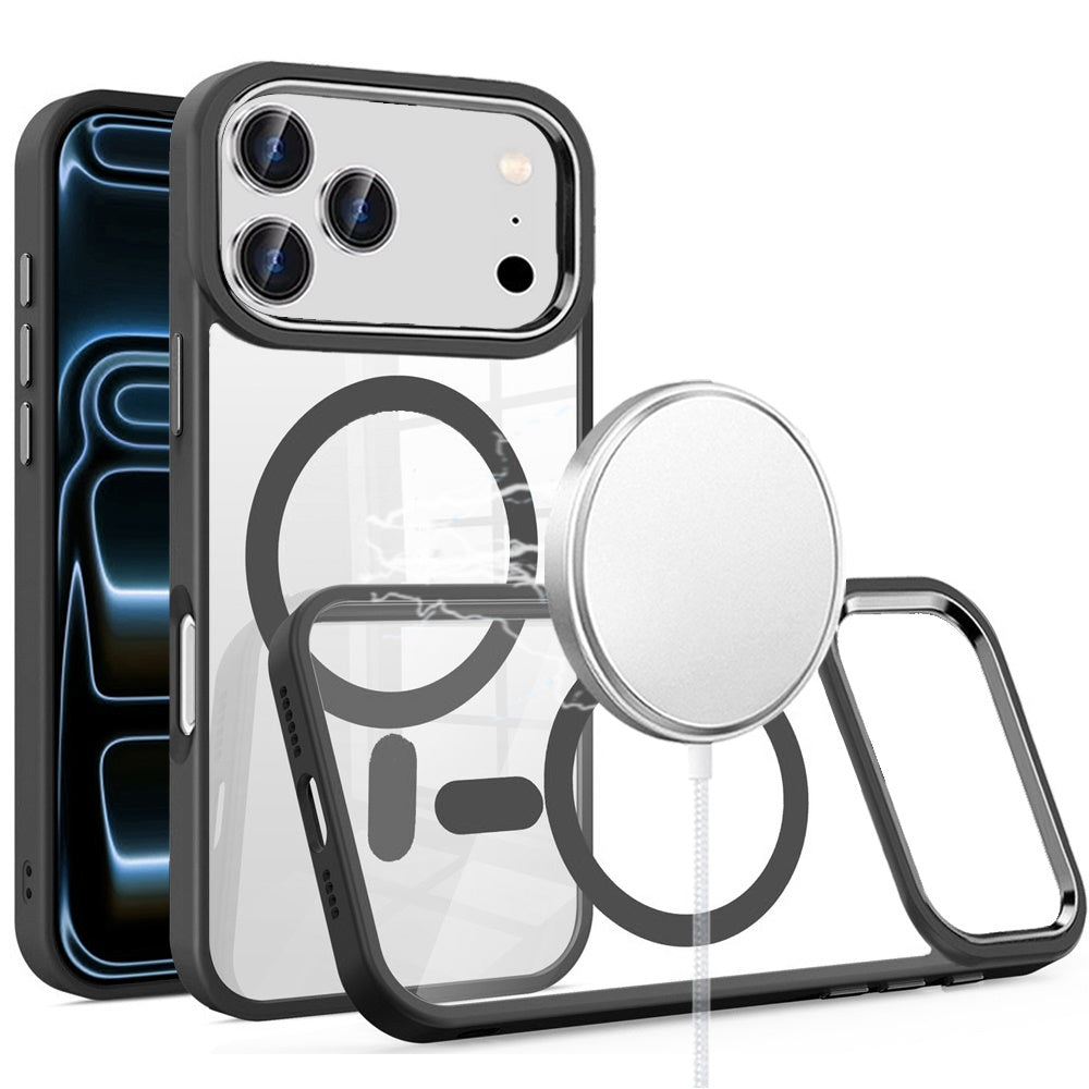 Phone Case for Apple iPhone 17 Pro Clear Acrylic Magnetic Circle Shockproof Hybrid Metal Button TPU Drop Protection Rugged Slim Durable Armor Cover Black