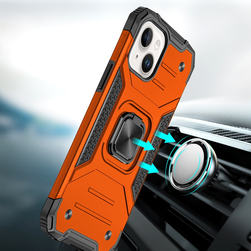 For iPhone 15 Plus (6.7") Armor Hybrid Magnetic Stand with Ring Holder Kickstand Shockproof Heavy-Duty Durable Rugged TPU Dual Layer Case Cover Cosmic Orange