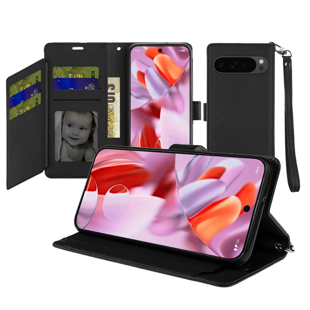 For Google Pixel 10 /Pixel 10 Pro Wallet Case with ID/ Card Holder, Wristlet Strap, Magnetic TPU Protective Shockproof Folio Flip Case Cover Black