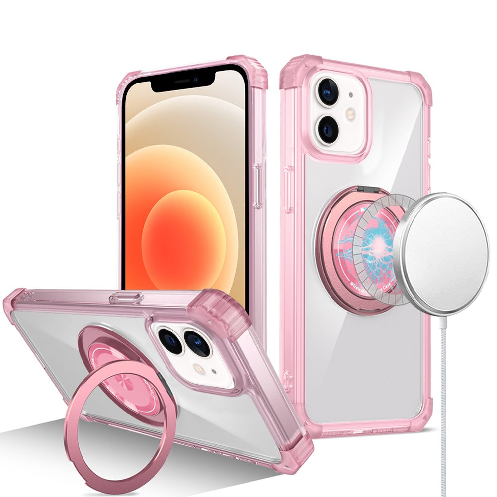 For Samsung Galaxy S22 Magnetic [Compatible with Magsafe] with 360° Rotatable Ring Holder Invisible Stand Transparent Case Cover Pink