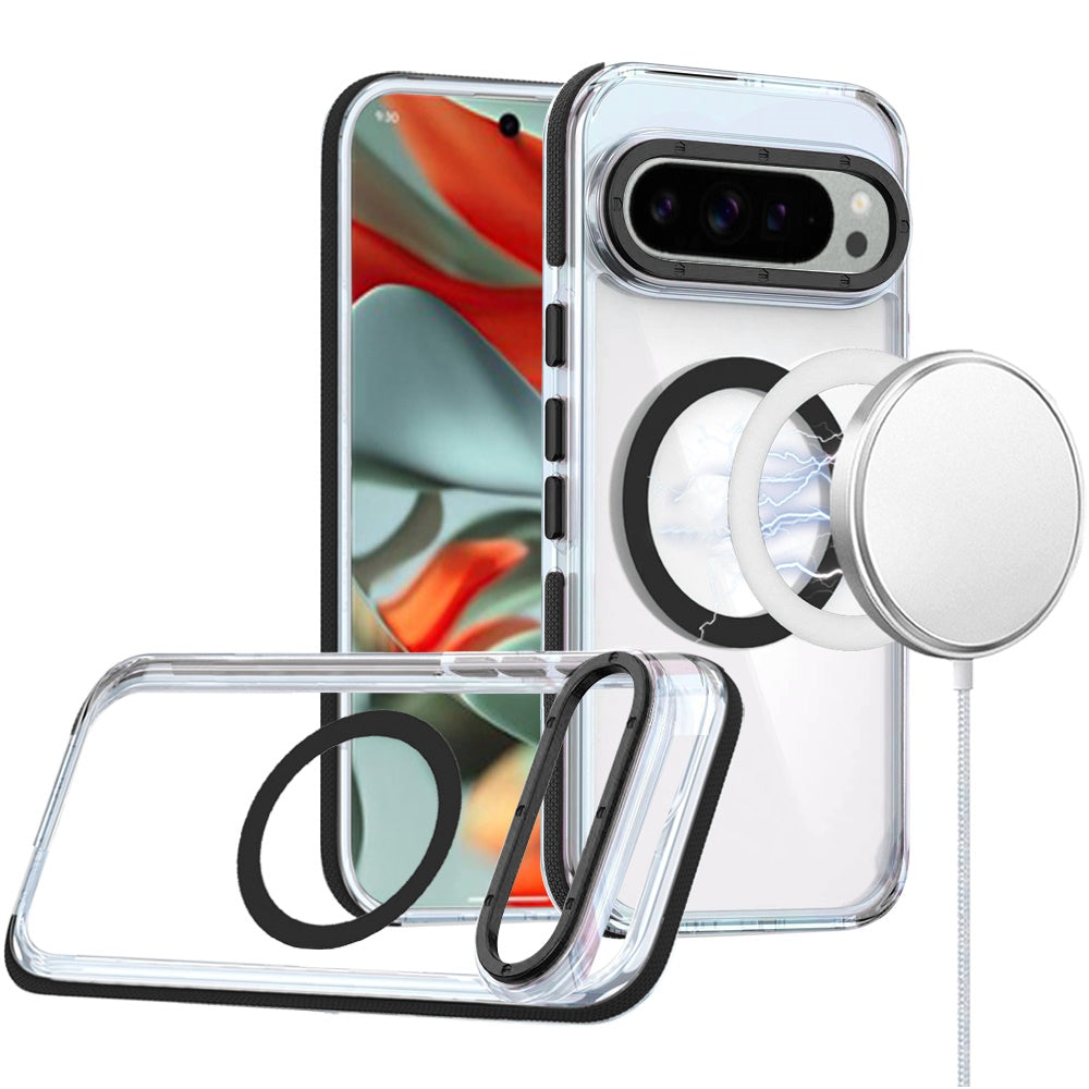 For Google Pixel 9 Pro XL (6.8") Transparent back with Colorful Frame Strong Magnetic Circle [Compatible with Magsafe] Shockproof Case Cover