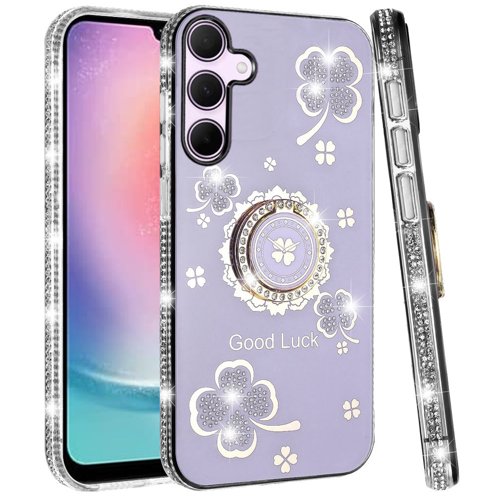 For Samsung Galaxy A26 Diamonds Bling All Around Edges Sparkly Glitter Hybrid with Ring Stand Holder Fashion Good Luck Case Cover