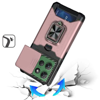 For Motorola Moto G 5G /Moto G 2025 Wallet Case with Ring Stand & Slide Camera Cover Back Credit Card Slot Holder, Military Grade Case Cover Rose Gold