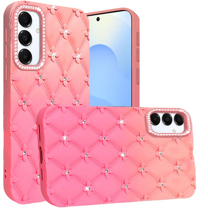 For Samsung Galaxy S25 /S24 Fashion Flower Design Sparkle Glitter Shimmer Rhinestone Bling Floral Accents, Leather Texture TPU Case Cover