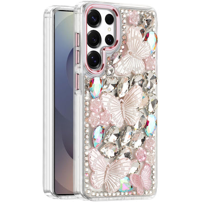 For Samsung Galaxy S23 Ultra 3D Diamond Floral Butterfly Bling Stone Hybrid, Sparkly Rhinestone Gemstone Back Shockproof Case Cover