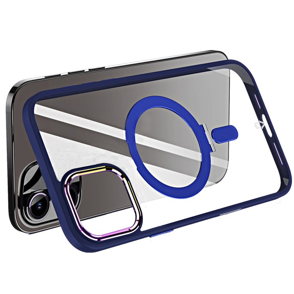 For Apple iPhone 16 Plus Magnetic Ring Stand Hybrid MagSafe Compatible Shockproof Protection Transparent Back Alloy Chrome Grip Case Cover Dark Purple