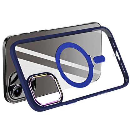 For Apple iPhone 16 Plus Magnetic Ring Stand Hybrid MagSafe Compatible Shockproof Protection Transparent Back Alloy Chrome Grip Case Cover Dark Purple