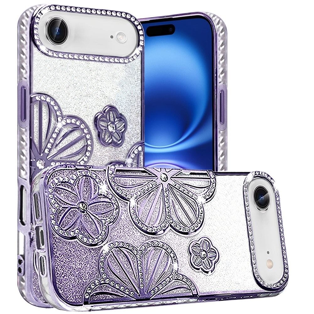For Apple iPhone 17 Air (6.6") Luxury Flower Design Sparkle Glitter Diamond Rhinestone Shimmer Bling Plating Thick TPU Hard PC Case Cover