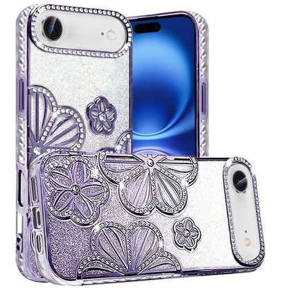 For Apple iPhone 17 Air (6.6") Luxury Flower Design Sparkle Glitter Diamond Rhinestone Shimmer Bling Plating Thick TPU Hard PC Case Cover