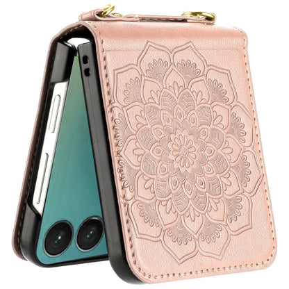 For Samsung Galaxy Z Flip 7 Embossed Floral PU Leather Henna Mandala Design Flip Cover with Strap, Hybrid Protective Case Cover