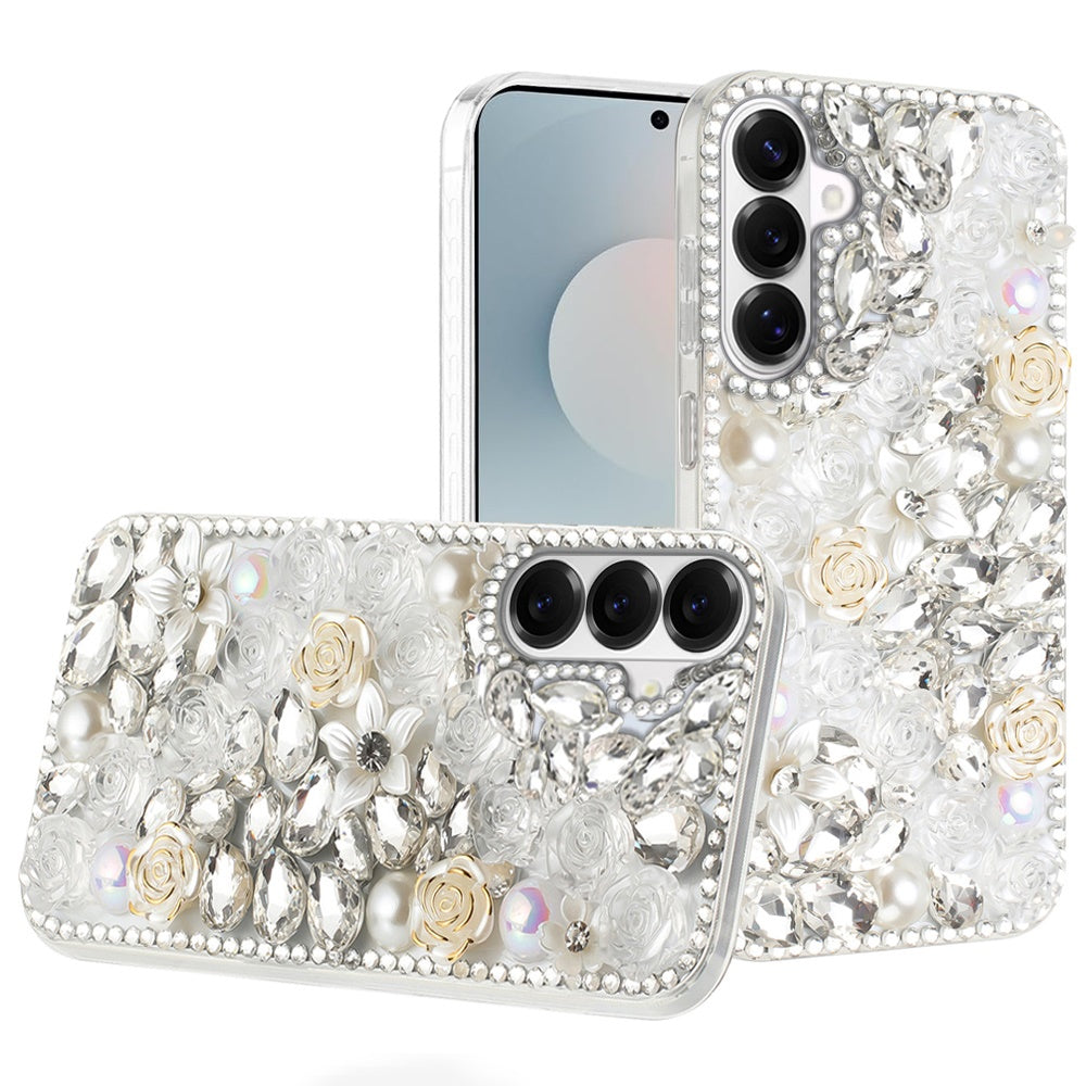 For Samsung Galaxy S26+ / S26 Plus Fashion Rose Flower Floral, 3D Bling Crystal Full Diamonds Pearl Sparkle Rhinestone Glitter Hybrid Case Cover