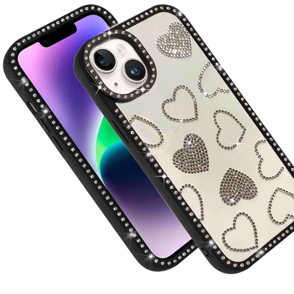 For Apple iPhone 17E /16E Spread Love Glitter Shimmer Bling Diamond Edge Hybrid Drop Protection Shockproof Design Case Cover Black