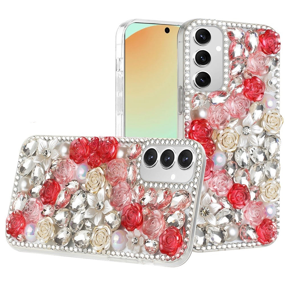 For Samsung Galaxy S24 Fan Edition /Galaxy S24 FE Fashion Rose Flower Floral Bling Crystal 3D Full Diamonds Pearl Sparkle Rhinestone Glitter Hybrid Case Cover Red