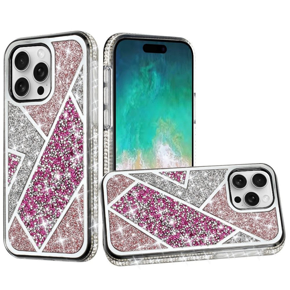 For Apple iPhone 16 (6.1") Cute Fancy Glitter Bling Diamond Rhinestone Sparkly Bumper Fashion Shiny Hybrid Rugged TPU Case Cover Rose Pink
