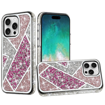 For Apple iPhone 16 Pro Max (6.9") Cute Fancy Glitter Bling Diamond Rhinestone Sparkly Bumper Fashion Shiny Hybrid Rugged TPU Case Cover Rose Pink