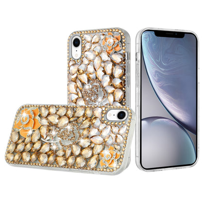 Phone Case for Apple iPhone XR 3D Floral Diamond Bling Glitter Luxury Sparkle Hybrid Stylish Rhinestone Shockproof Protective Designer Cover Gold