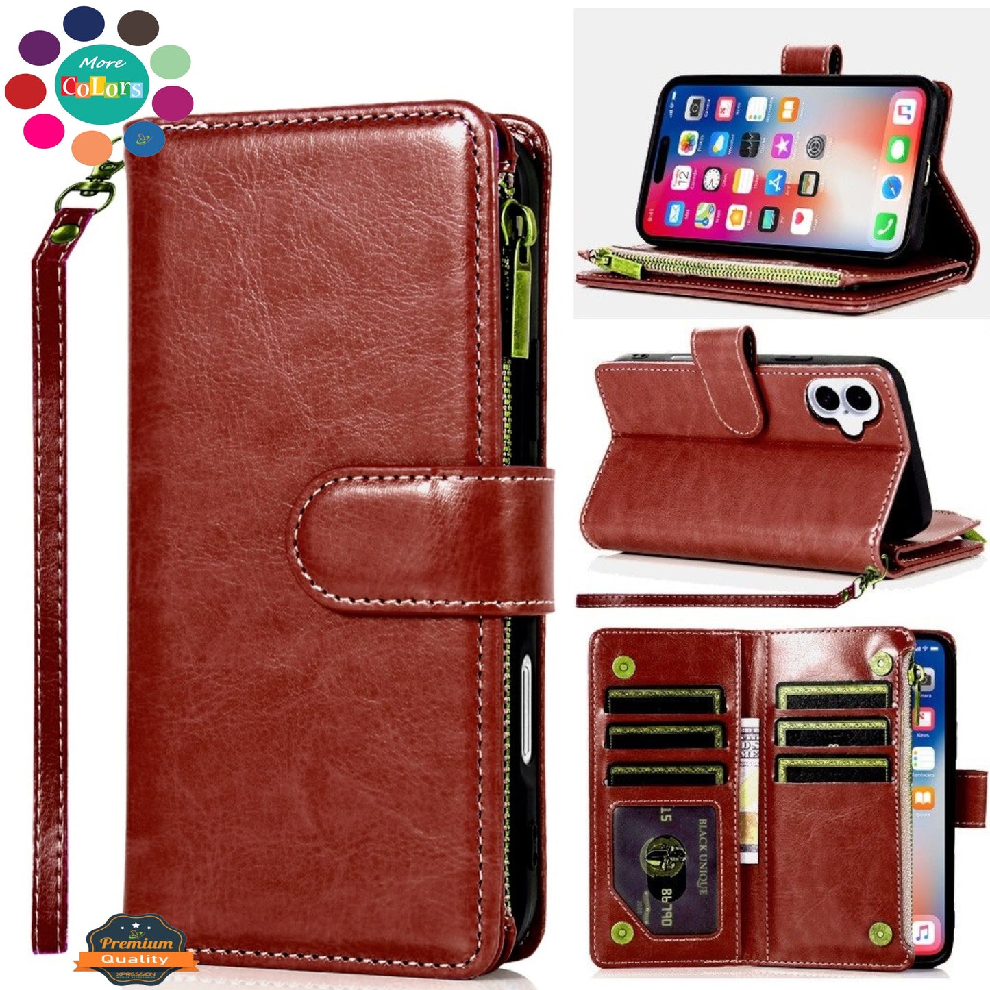For Apple iPhone 17 Pro (6.3") Leather Wallet Case with Zipper, 9 Card Slots, Cash Pocket, Stand & Strap, Clutch Pouch Design Case Cover