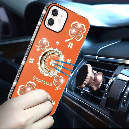 For Apple iPhone 11 Diamonds Bling All Around Edges Sparkly Glitter Hybrid with Ring Stand Holder Fashion Good Luck Case Cover Cosmic Orange