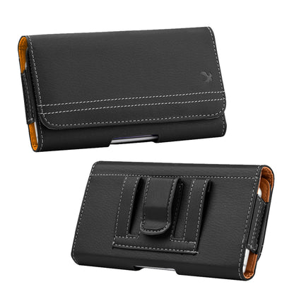 For Apple iPhone 16 Pro (6.3") Horizontal Universal Carry Pouch Cell Phone Case PU Leather Holster Belt Clip Loop Card Slot & Magnetic Closure [Black]