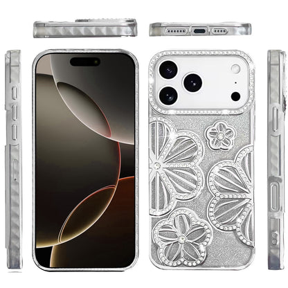 For Apple iPhone 17 Pro (6.3") Luxury Flower Design Sparkle Glitter Diamond Rhinestone Shimmer Bling Plating Thick TPU Hard PC Case Cover